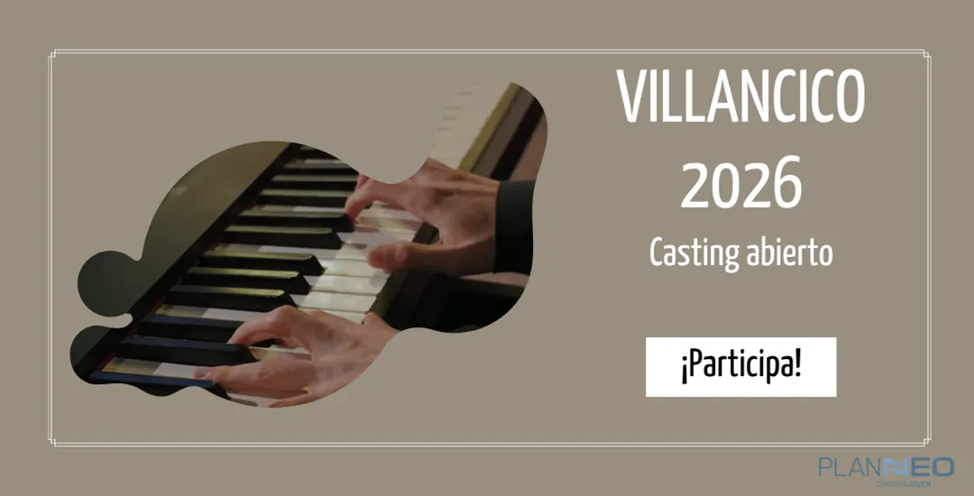 Cartel de Villancico 2026 con la convocatoria de casting abierto y una imagen de manos tocando el piano.
